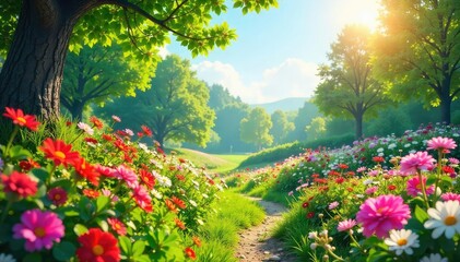 Fototapeta premium Vibrant summer scene bursting with colorful flowers, lush greenery, and bright sunshine Perfect for travel, vacation, or seasonal themes , flowers, sunny, leaves