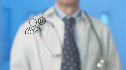 Healthcare professional draws a registered doctor icon on a transparent screen, emphasizing the importance of licensed medical practitioners