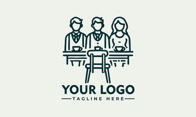 Minimalist line art of three people having a discussion around a table, collaborative meeting or teamwork concept
