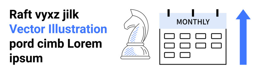 Chess knight, monthly calendar, and upward arrow symbolic of strategy, organizational planning, and success concepts. Ideal for business, productivity, time management, analytics growth progress