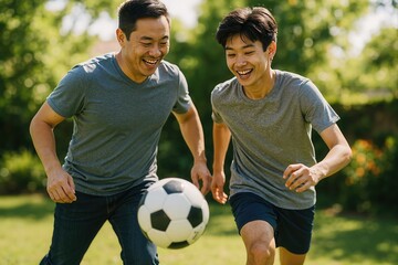 Father and son running with soccer ball in garden, enjoying leisure time together
