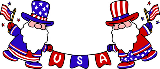 Patriotic Gnomes with USA Banner Illustration