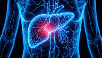 Detailed anatomical representation of the human liver with highlighted blood vessels.