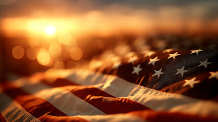 American Flag Waving at Sunset with Bokeh Light