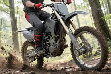 close-up view of a dirt bike tire kicking up dust on a rustic trail surrounded by lush greenery concept primer plano neum&aacute;tico moto de cross levantando polvo en un sendero r&uacute;stico rodeado