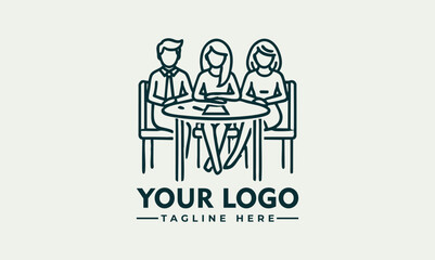 Minimalist line art of three people having a discussion around a table, collaborative meeting or teamwork concept
