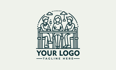 Minimalist line art of three people having a discussion around a table, collaborative meeting or teamwork concept
