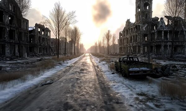 Abandoned city street after war scene