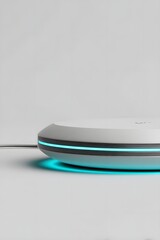 A sleek futuristic wireless charging pad glowing softly on a clean white surface. Minimalist, bright, and high-tech&mdash;ideal for product, lifestyle, or innovation-related content