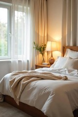 Serene bedroom, softly lit, prepared for a new arrival Neutral tones, cozy textiles, and gentle lighting create a peaceful atmosphere for parents-to-be Ready for baby's arrival , serene, maternity