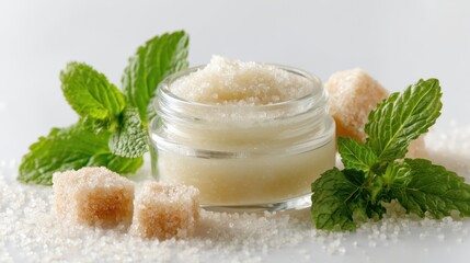 Discover Natural Self-Care With a Handmade Lip Scrub in a Small Jar Surrounded by Mint Leaves and Sugar Granules Generative AI