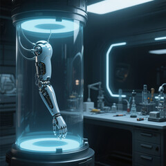 The blue robot arm in the laboratory.