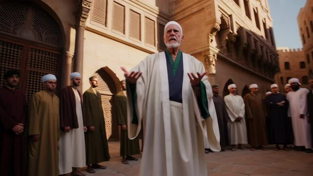 Imam leading prayer in mosque courtyard