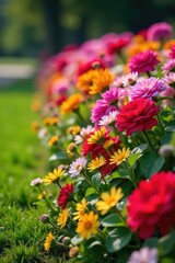 Obraz premium Vibrant, colorful flowers blooming profusely along a garden border, creating a stunning natural edge Perfect for landscaping, gardening, and springtime themes , bright, spring, design