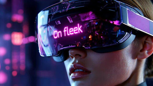 slang word On Fleek , neon world on futuristic VR glasses screen, futuristic theme, Caucasian woman 