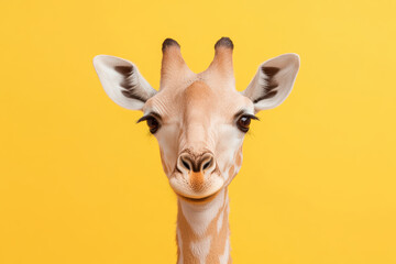 A close-up of a giraffe's face against a vivid yellow background, showcasing its distinctive features and captivating expression.