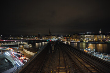 Fototapeta premium High angle view of railway bridge in city