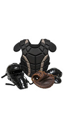 Isolated Baseball Catcher Gear Includes Black Helmet Mitt and Chest Protector