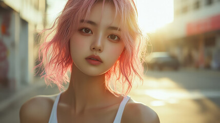 Young woman with pink hair in urban setting, sunset glow, serene expression, summer evening, modern fashion concept