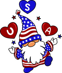 Patriotic Gnome Illustration with American Flag Balloon