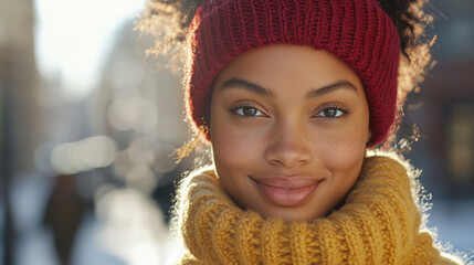 Smiling young woman in winter attire, wearing red beanie and yellow scarf, enjoying sunny day outdoors, cheerful and warm atmosphere, winter fashion concept