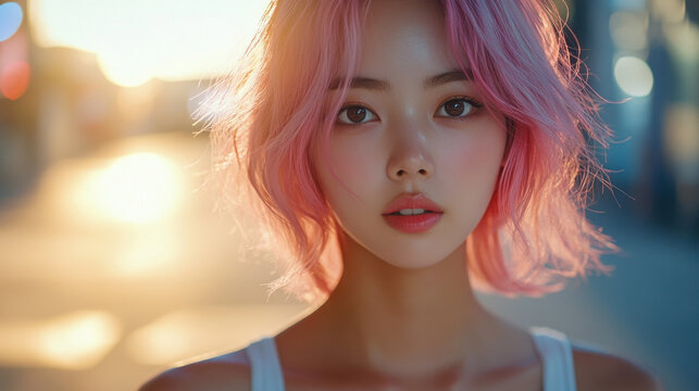 Young woman with pink hair in urban sunset, serene expression, vibrant cityscape, golden hour glow, modern beauty concept