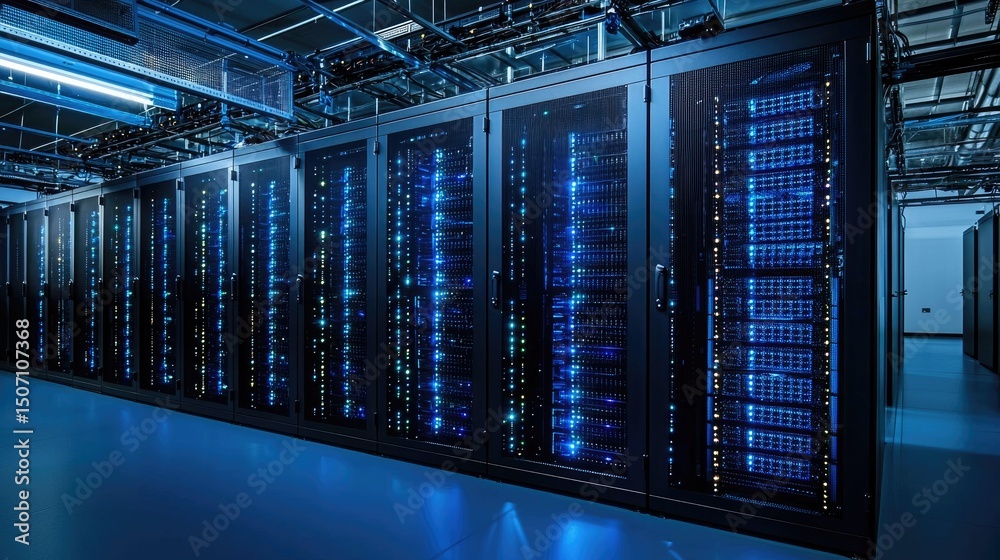 Fototapete spacious modern data center with rows of illuminated server racks and overhead cabling system, ideal