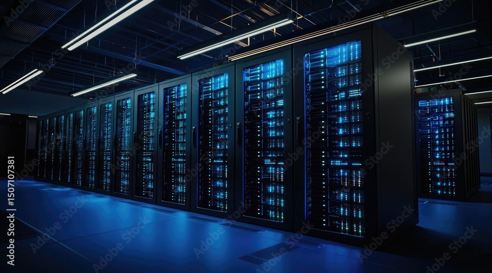 Aufkleber dark ambient data center interior with glowing blue server racks and visible ceiling infrastructure.