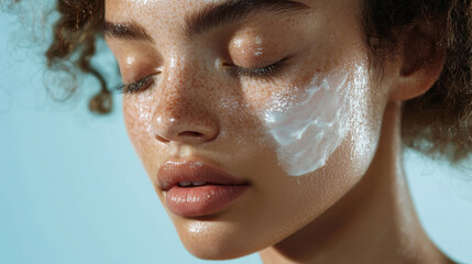 Close-up of young woman with freckles applying skincare cream, serene expression, natural beauty concept