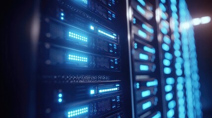 Closeup view of glowing blue server lights in a futuristic data center, showcasing advanced network hardware. Perfect for cybersecurity, IT services, and cloud technology visuals and digital themes