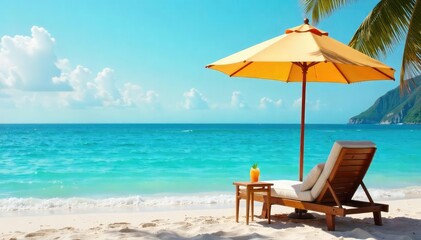 Obraz premium Serene scene of an open umbrella sheltering a plush, comfy armchair and small table with a drink, embodying ultimate relaxation , shadow, soothing