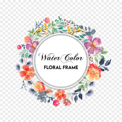 Floral flowers with leaves and wild herbs. Watercolor botanical round wreath suitable for greeting cards, wedding invitations, branding, floristry, packaging and spring design vector illustration