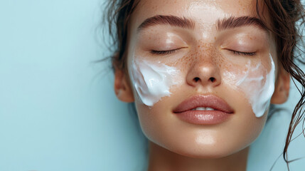 Young woman with closed eyes applying skincare cream on cheeks, serene expression, fresh and rejuvenated look, beauty and self-care concept