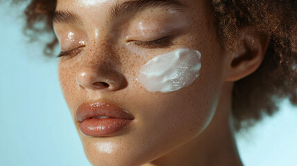 Close-up of serene woman with freckles applying skincare cream, natural beauty concept