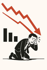 Stressed businessman kneeling in despair financial crisis concept economic decline red arrow chart business failure bankruptcy recession market crash investment loss depression