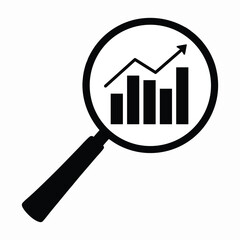 Magnifying glass with bar chart and upward arrow icon representing business analytics and financial growth