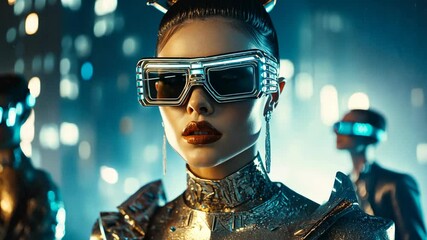 futuristic fashion portrait young pretty woman wearing big glasses and metallic suit at cyberpunk city street - Powered by Adobe