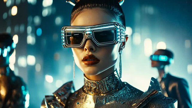 futuristic fashion portrait young pretty woman wearing big glasses and metallic suit at cyberpunk city street