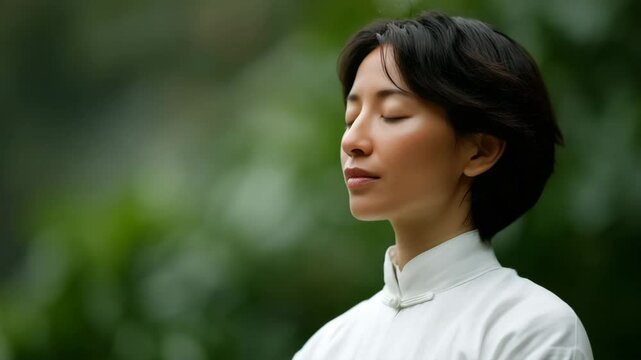 serene portrait of feng shui expert in green garden emphasizing face with clean background