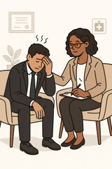 Obraz premium Mental health therapy counseling session. Stressed businessman receiving psychological support from professional therapist. Workplace burnout depression anxiety treatment vector