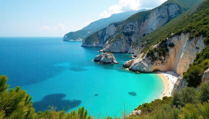 Fototapeta premium Serene turquoise lagoon waters nestled amidst dramatic European cliffs and lush greenery A picturesque summer scene of idyllic calm Perfect for travel and nature publications , trees, island