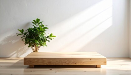 Wooden Platform with Plant Against a Textured White Wall in Sunlight