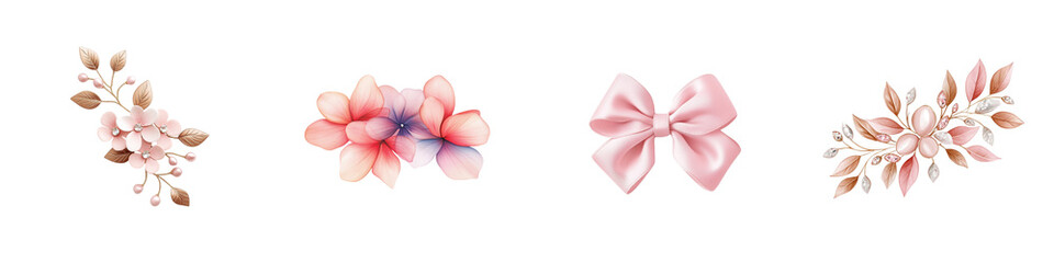 Fototapeta premium Delicate pink floral arrangements and a decorative bow with soft, pastel-toned petals and leaves.