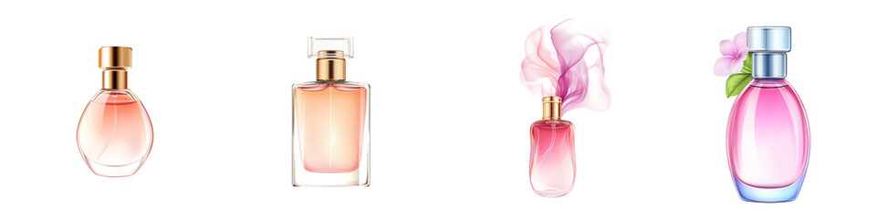 Naklejka premium Four elegant perfume bottles with unique shapes and decorative lids.