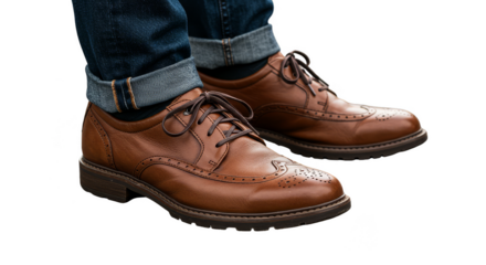 Realistic Image Brown Leather Dress Shoes with Jeans on Transparent Background