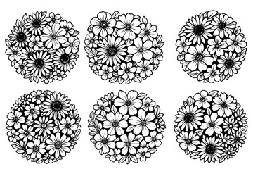 "Round Floral Bouquet Clipart &ndash; Black and White Flower Circle Set