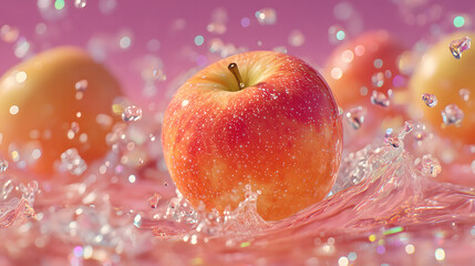 Fresh Red Apple Water Splash with Glistening Droplets
