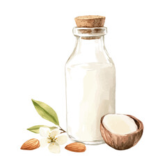 My Watercolor illustration, illustration almond milk in glass and almond painting illustration isolated on a white background, illustration, AI painting design, vector illustration set, eps format