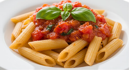 Realistic Image Of Pasta Penne with Tomato Sauce and Basil On White Plate