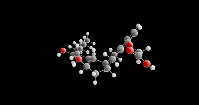 Treprostinil molecule, rotating 3D model of vasodilator, looped video on a black background